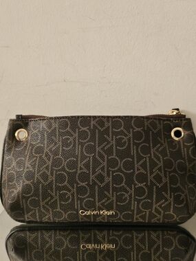 Calvin Klein Brown Monogram Logo Wristlet Clutch with Gold Hardware